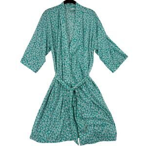 Dreams Co Belted Robe Size M Blue Turquoise Floral Knee Length Lightweight
